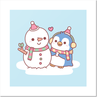 Cute Penguin Building A Snowman Posters and Art